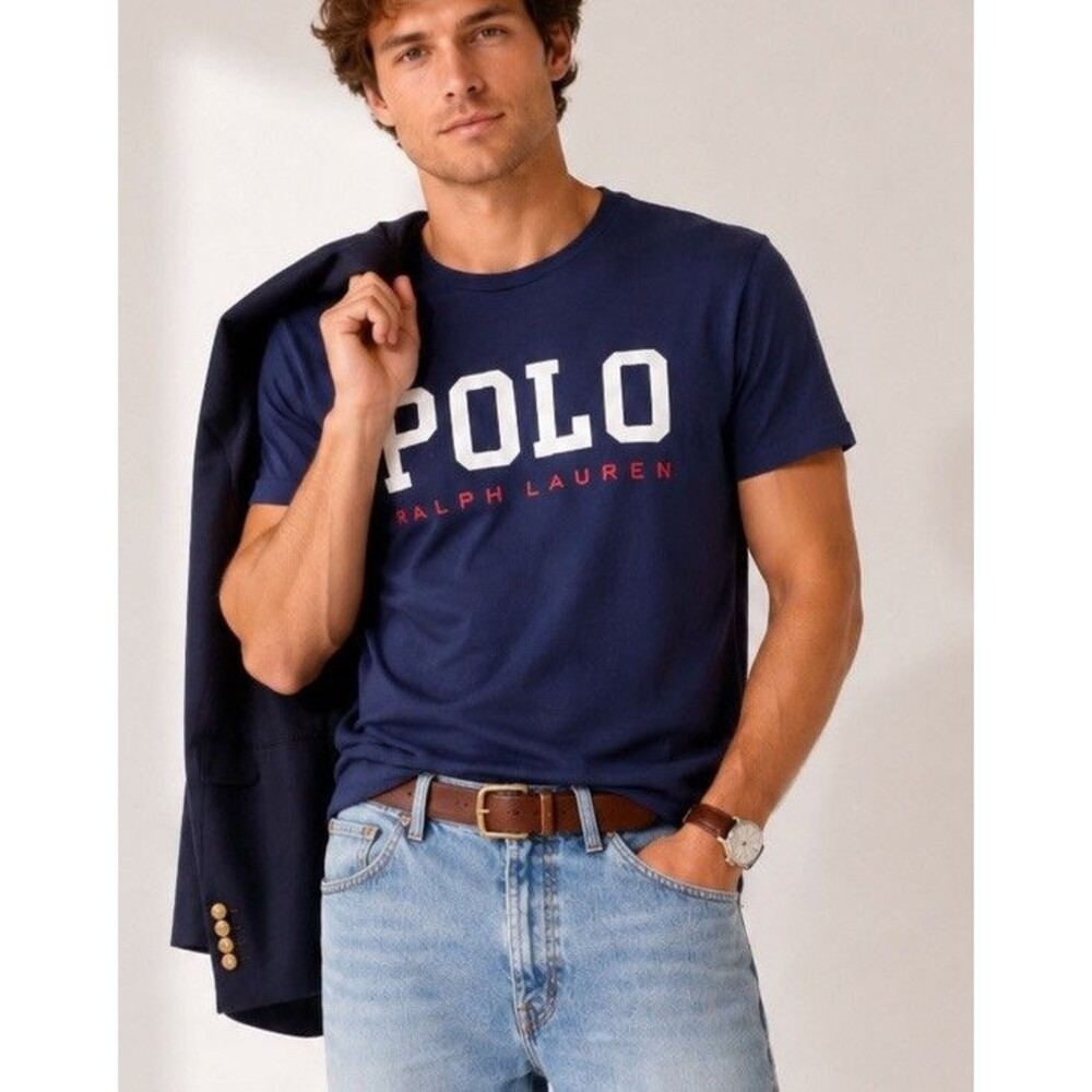 Polo Ralph Lauren Logo TShirt Mens L Blue Graphic Tee 100% Cotton USA